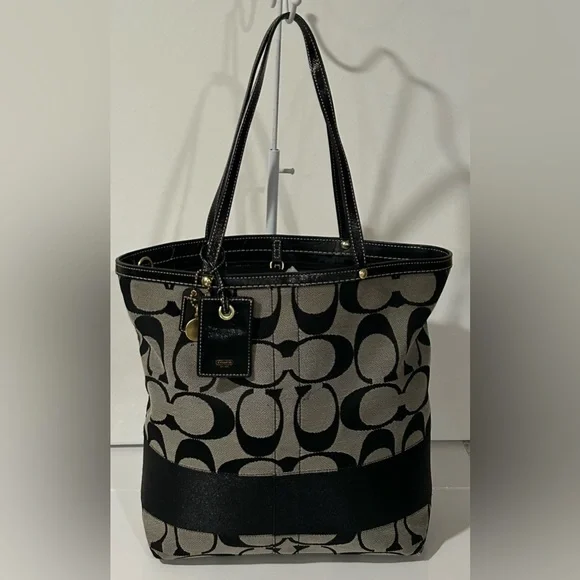 Coach Signature Black Gray Canvas Leather structured logo Shoulder Bag - Picture 6 of 16